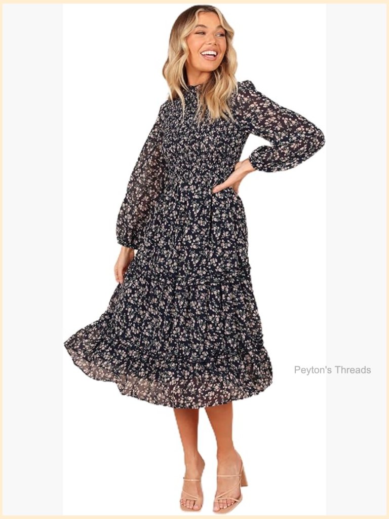Shirred Frill Long Sleeve Midi Dress With Ruffle Neck